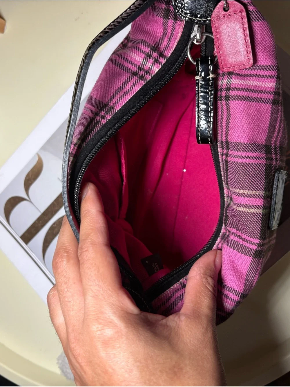 Coach Pink Plaid Mini Shoulder Bag with Teddy Charm